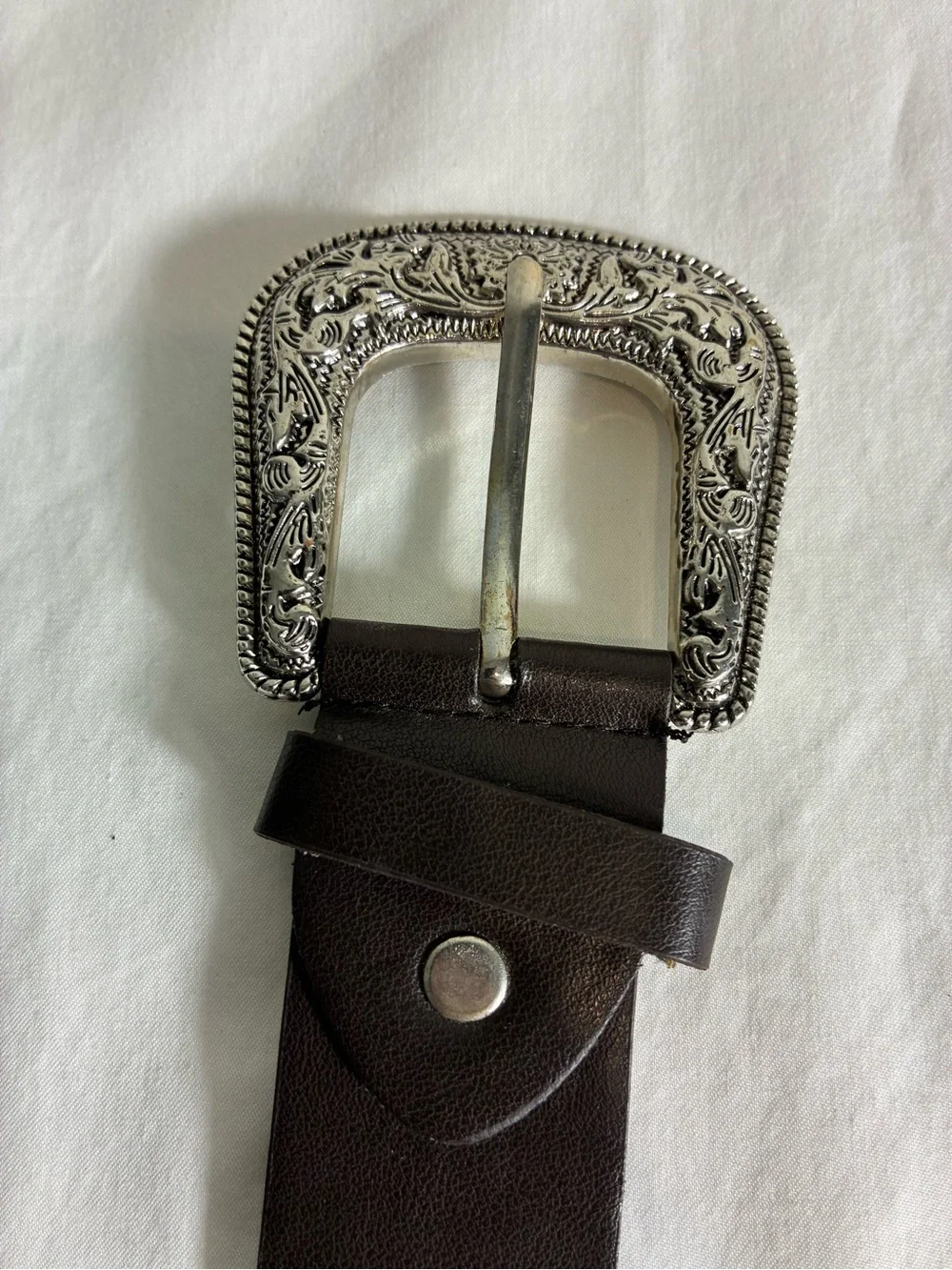 Womens belt 47” long faux Leather Western chocolate brown carved Silver Buckle